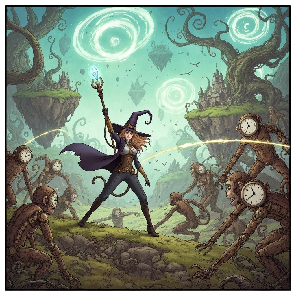 Steampunk Witch vs Clockwork Monkeys in Anime Style