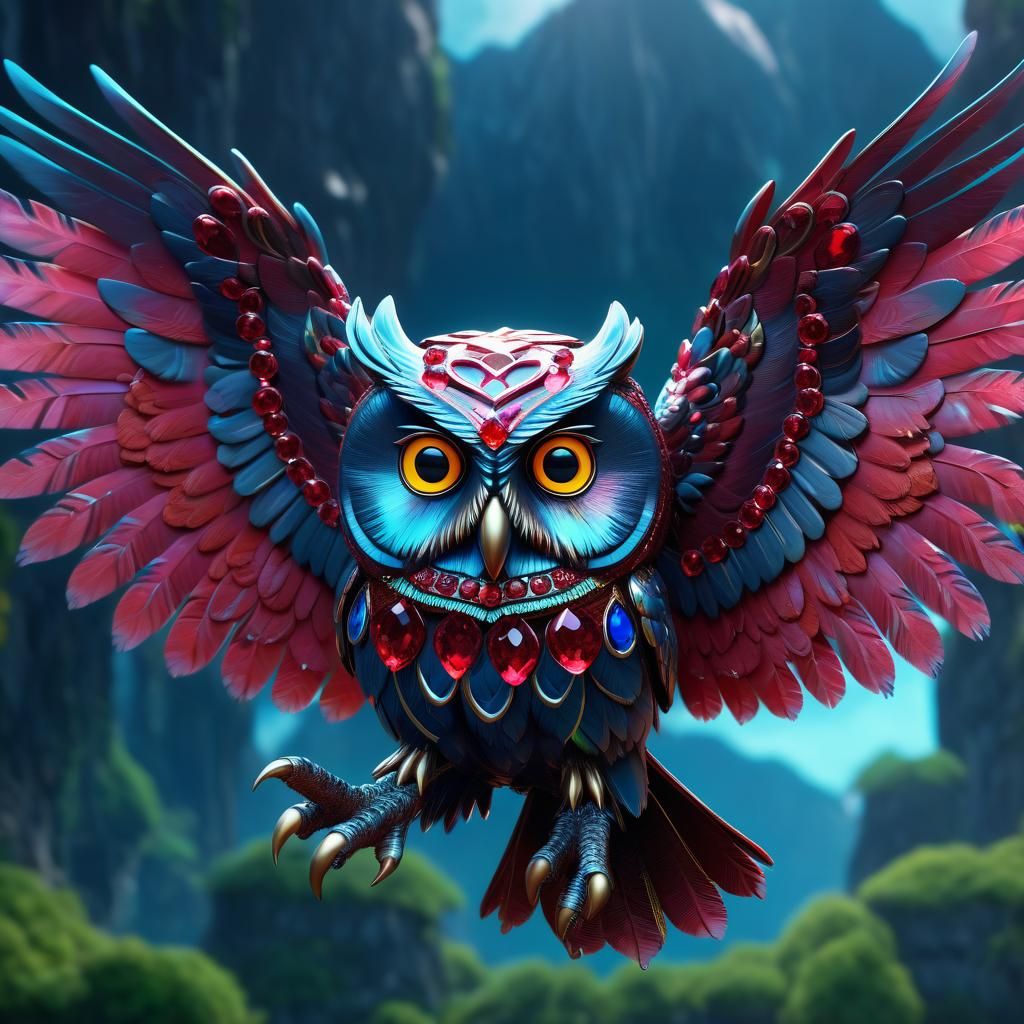 Flying Jeweled Ruby Owl in Detailed Digital Art