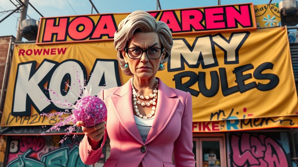 HOA Karen with Glitter Bomb in 3D Rendered Style