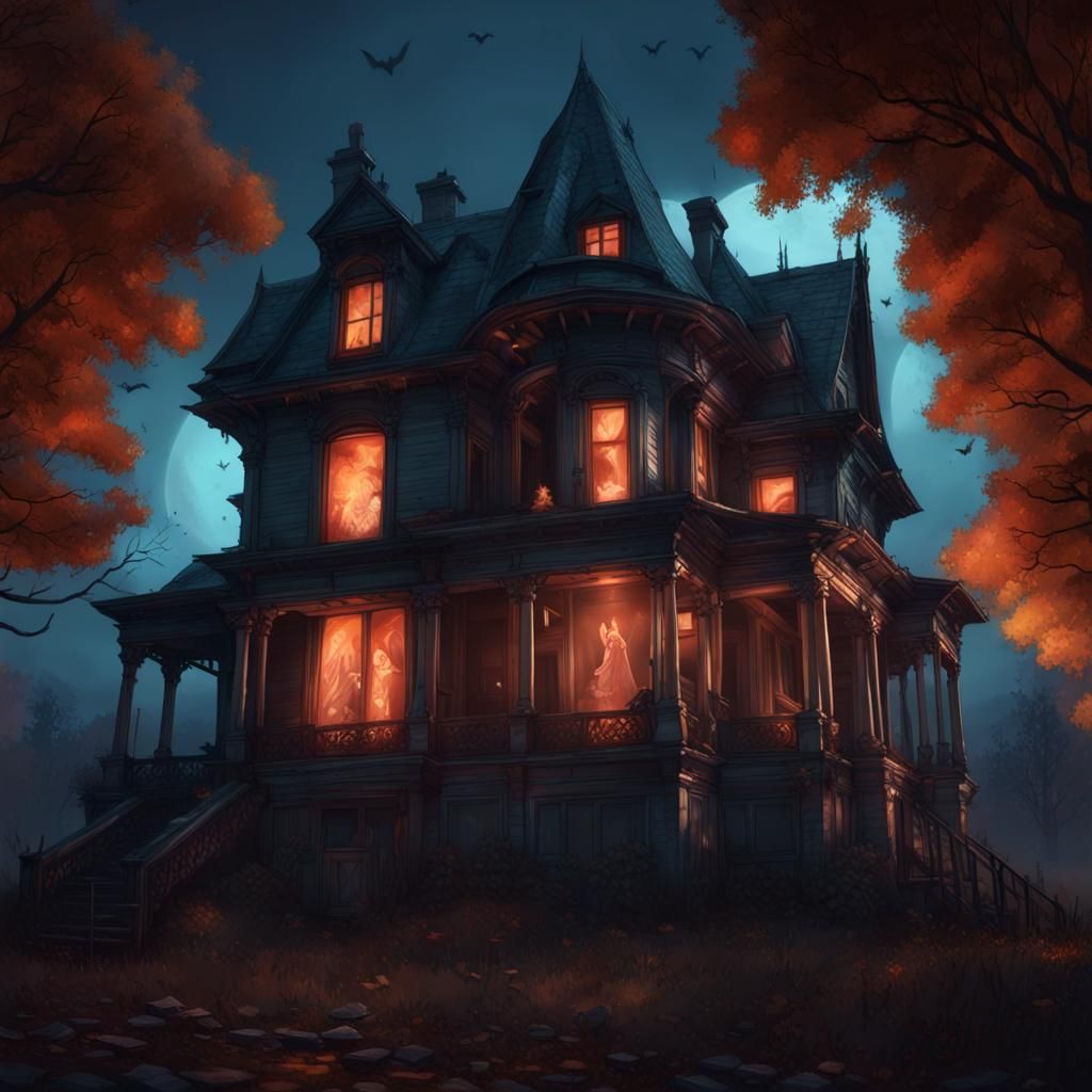 Creepy Haunted House Portrait with Ghosts and Bats