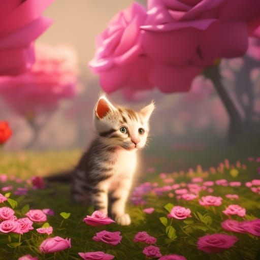 Kitten in Rose Field Fantasy Concept Art