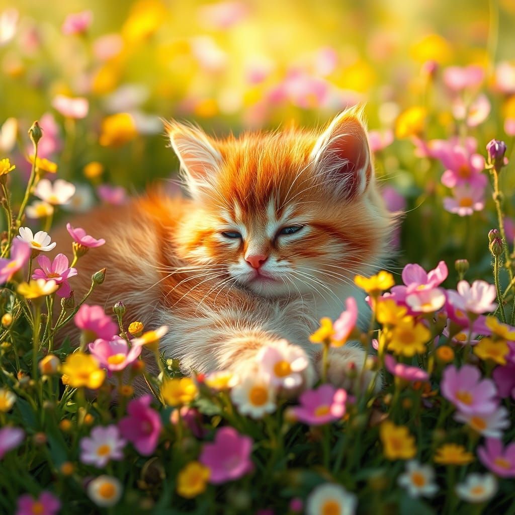 Kitten Napping on Flowers in Dreamy Artistic Style