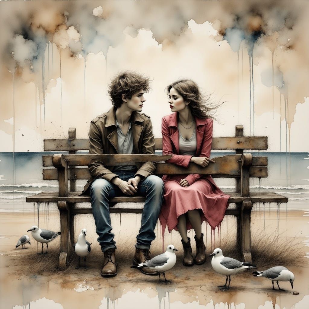 Young Couple's Bittersweet Moment on a Park Bench