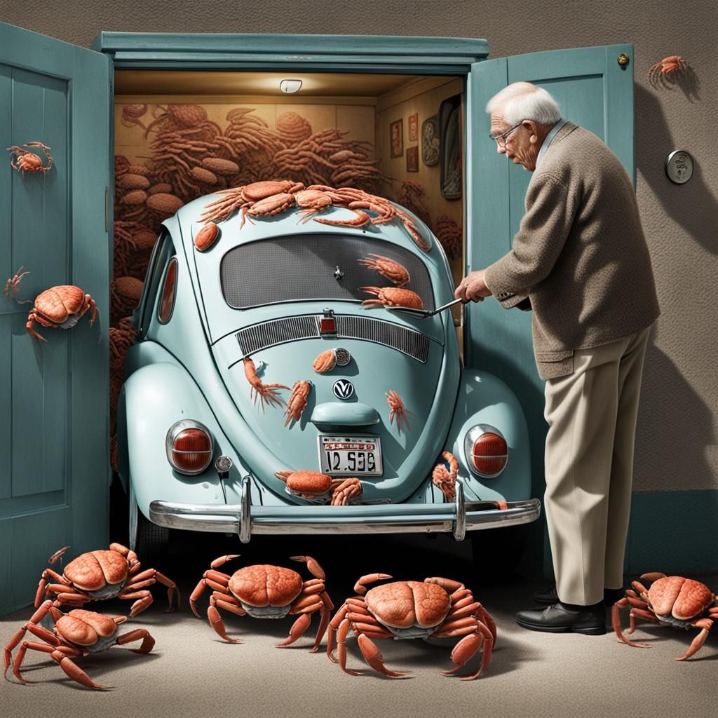 Surreal Photo of Man with Crab-Filled VW Bug