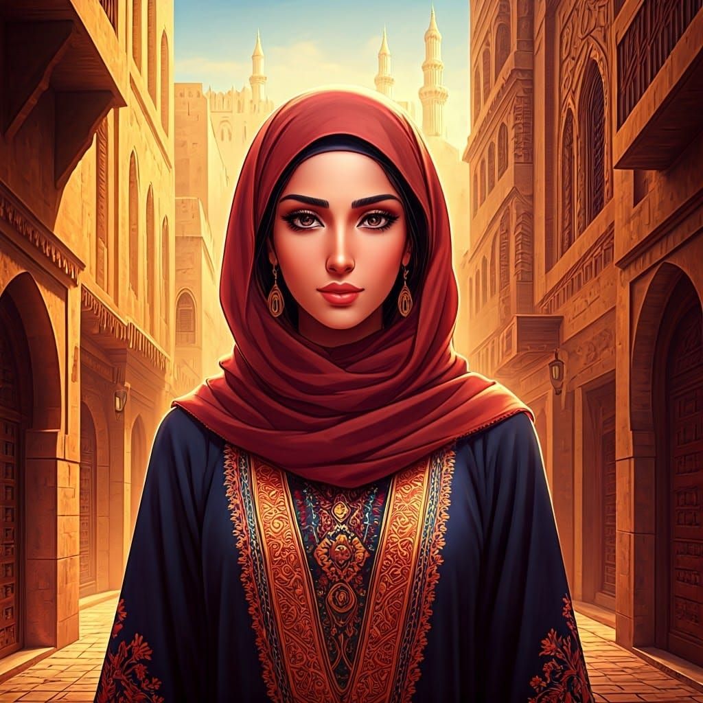 Elegant Arabic Woman in Anime Style Street Scene