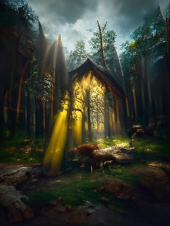 Sunlit Forest with Magic House in Landscape Art Style
