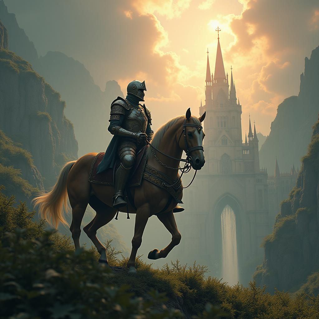 Knight on Horseback in Ancient City, Dramatic Lighting