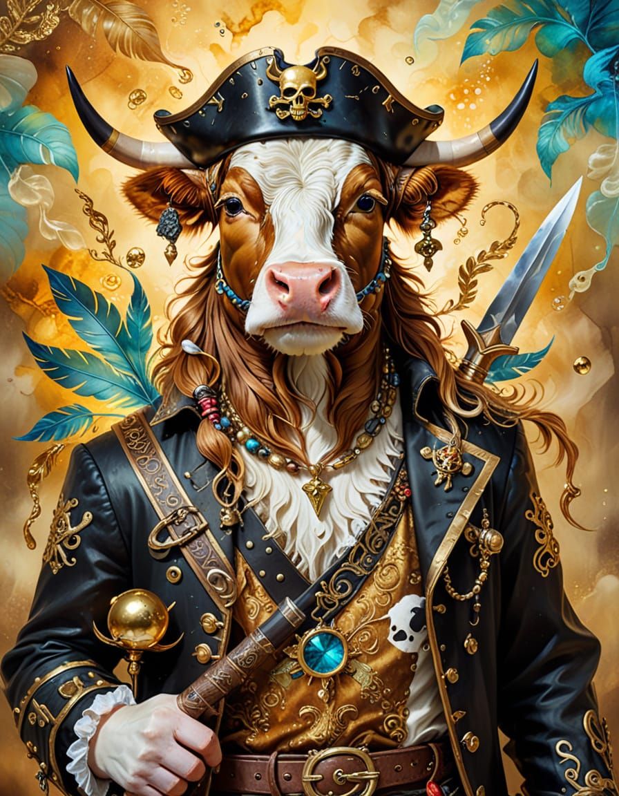 Surreal Pirate Cow on Treasure Ship as Alcohol Ink Painting