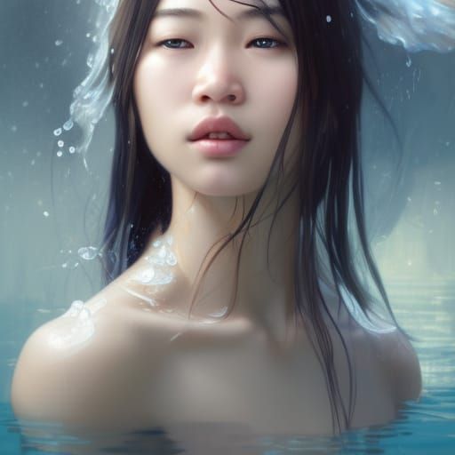 Asian Girl with Watery Hair, Hyperdetailed Portrait
