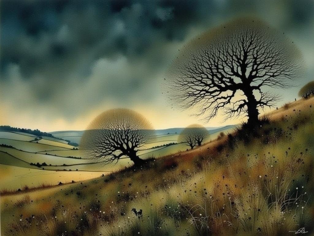 Dreamy Watercolor Landscape with Whimsical Elements