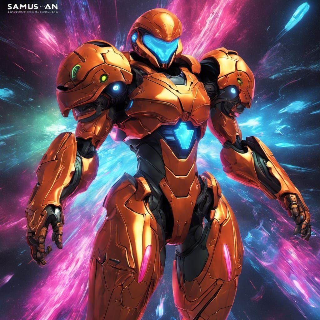 Samus Aran Battles Metroid in Neon Colors