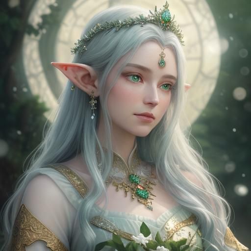 A breathtakingly detailed portrait of an elf with almond-shaped, glowing green eyes and flawless porcelain skin. The elf...