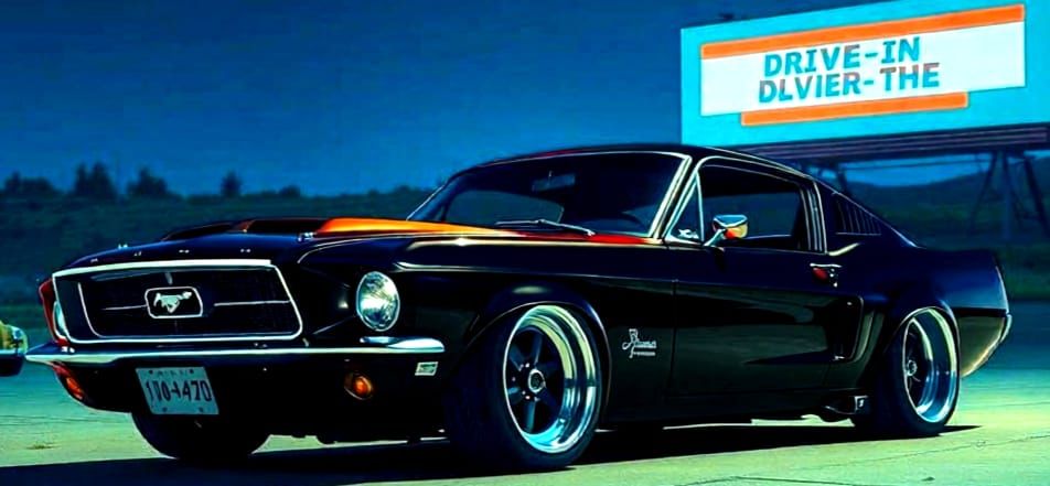 Red 1967 Mustang Fastback at Drive-In
