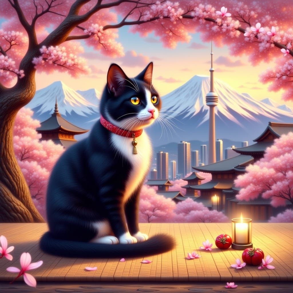 Sleek Cat Surrounded by Cherry Blossoms and Tokyo Skyline in...
