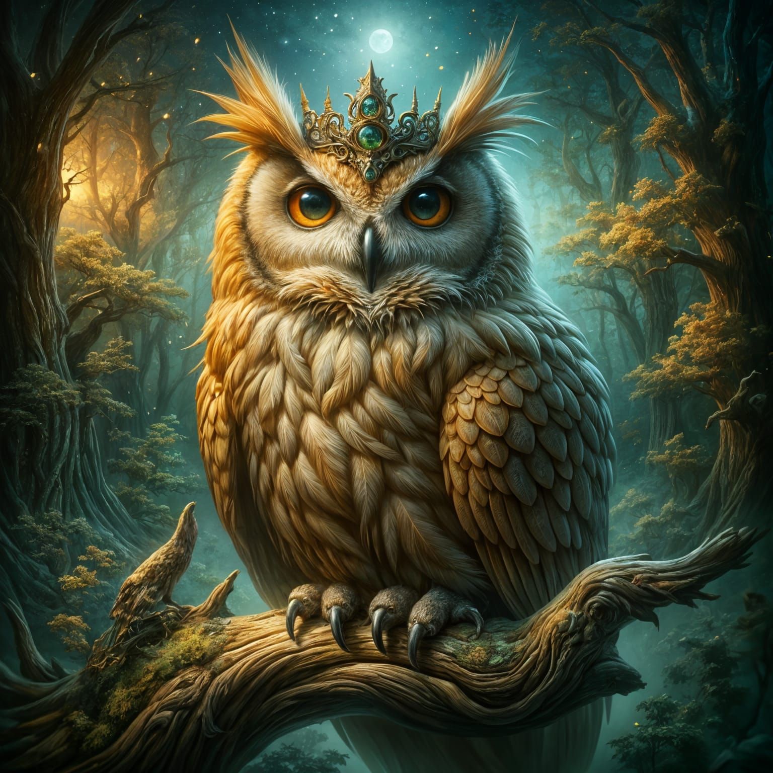 Wise Old Owl in Enchanted Forest Digital Painting