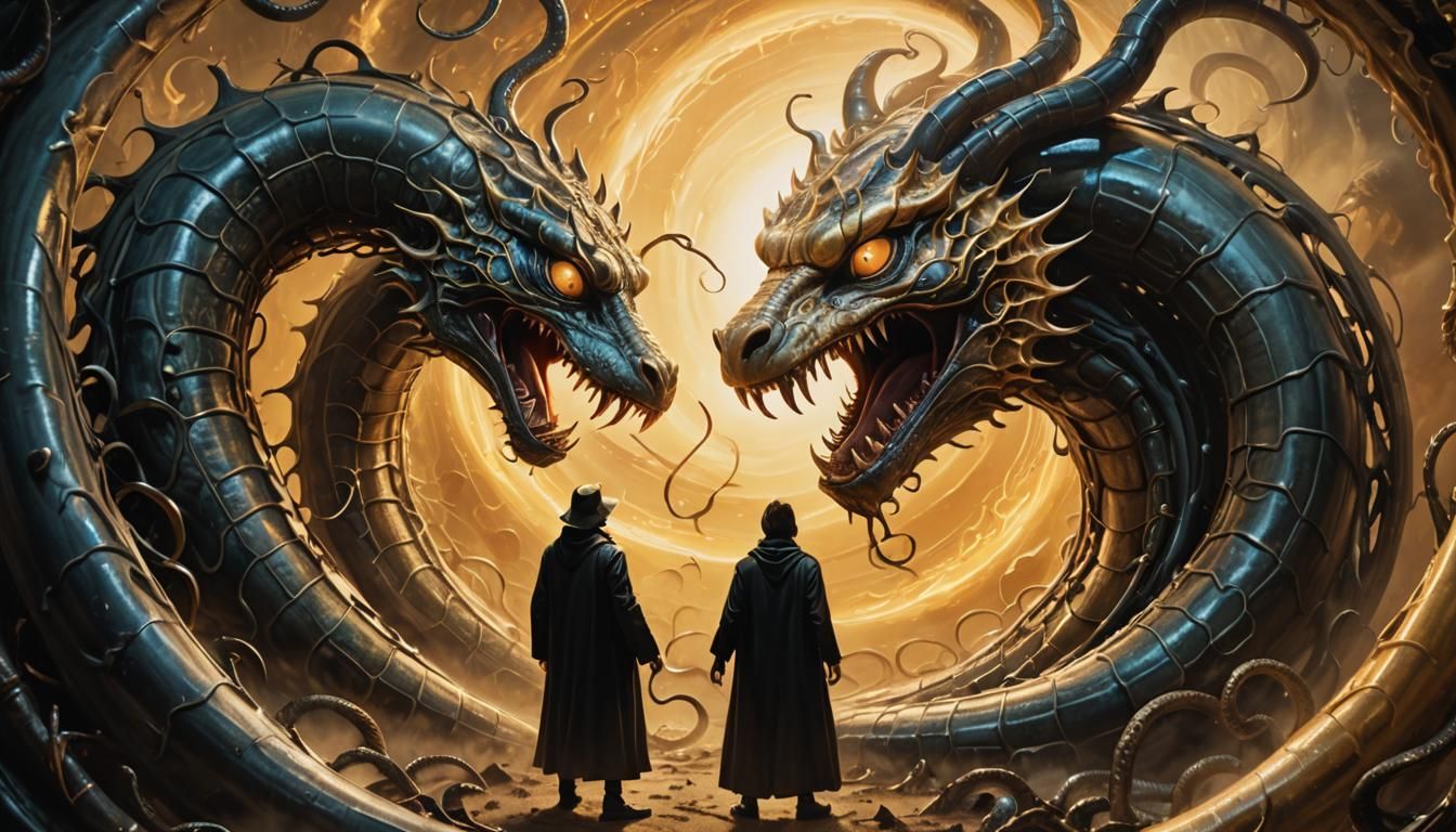 Surreal Anthropomorphic Monster in Dreamlike Battle