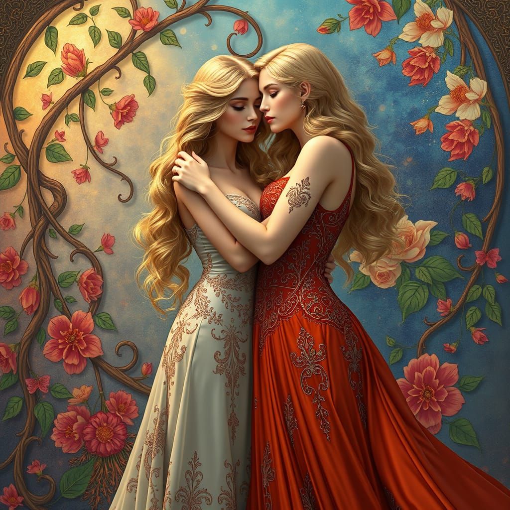 Two Elegant Women in an Art Nouveau-Inspired Embrace