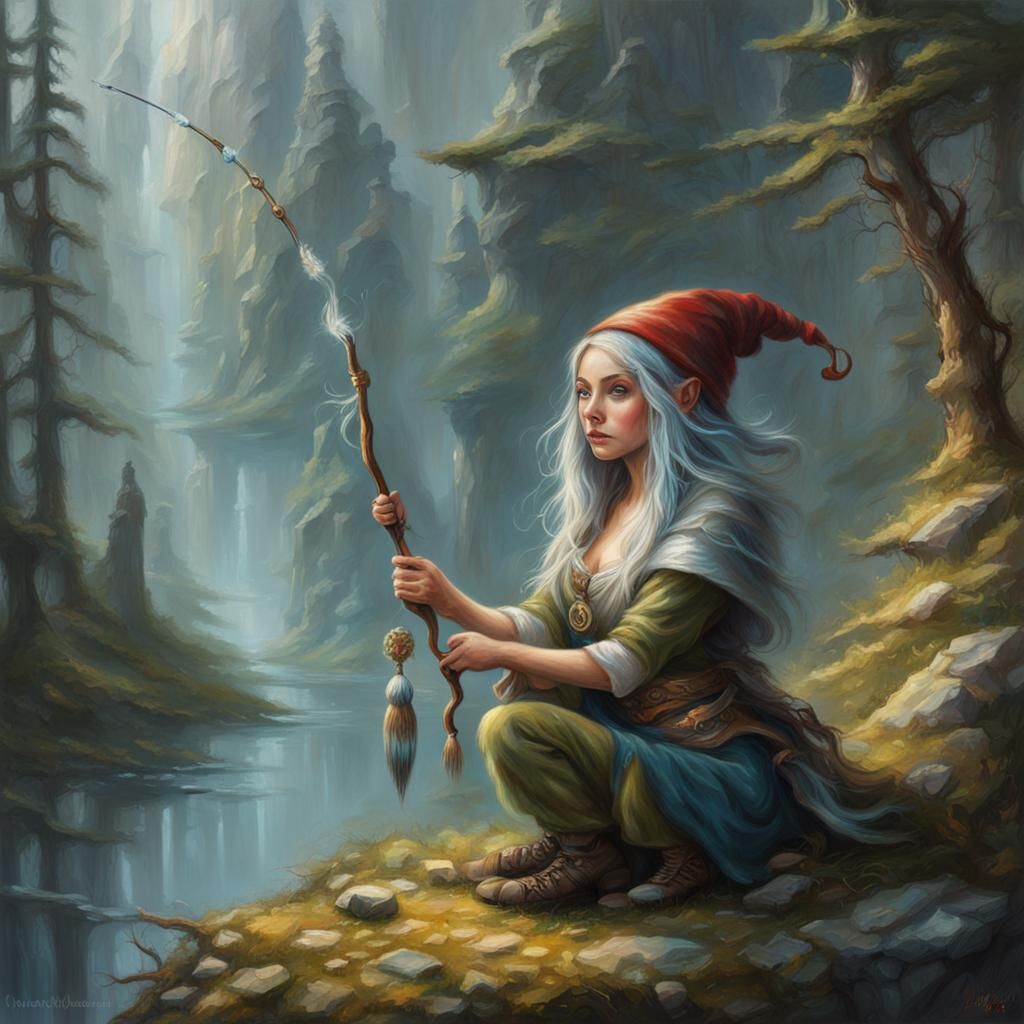 Fantasy Gnome Woman Painting Herself
