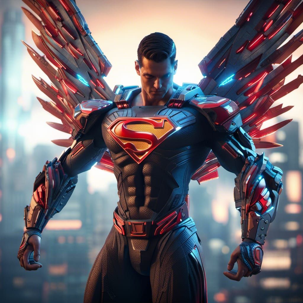 Cyberpunk Superman with Cyber Falcon Wings in 3D