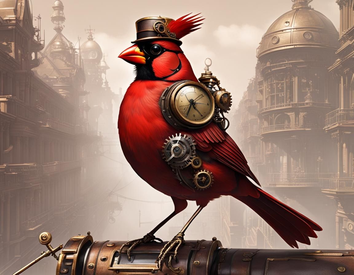 Steampunk Cardinal Bird in Academic Realism Style