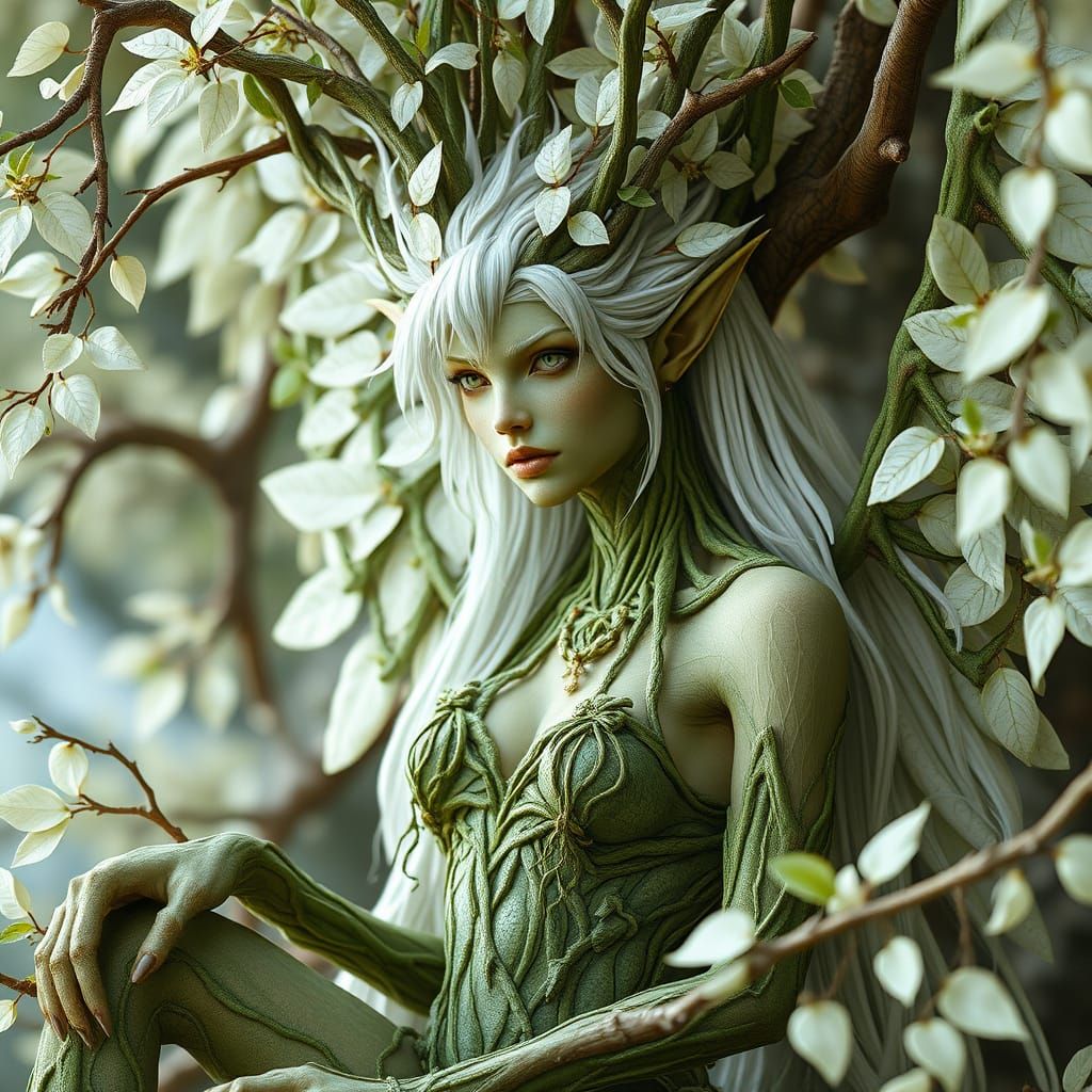 Divine Treant Goddess with Angelic Leafy Hair and Holy Branc...