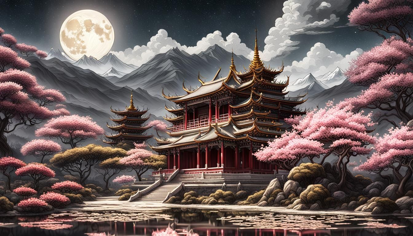 Tibetan Buddhist Temple at Night in Matte Painting Style