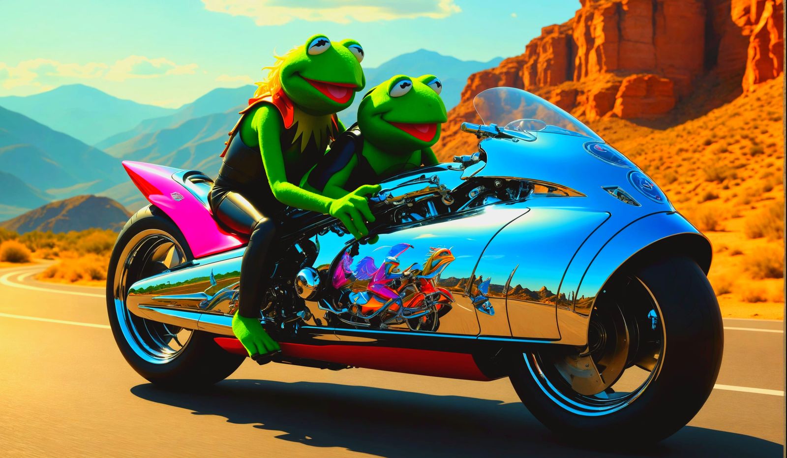 Kermit and Miss Piggy on Futuristic Motorbike