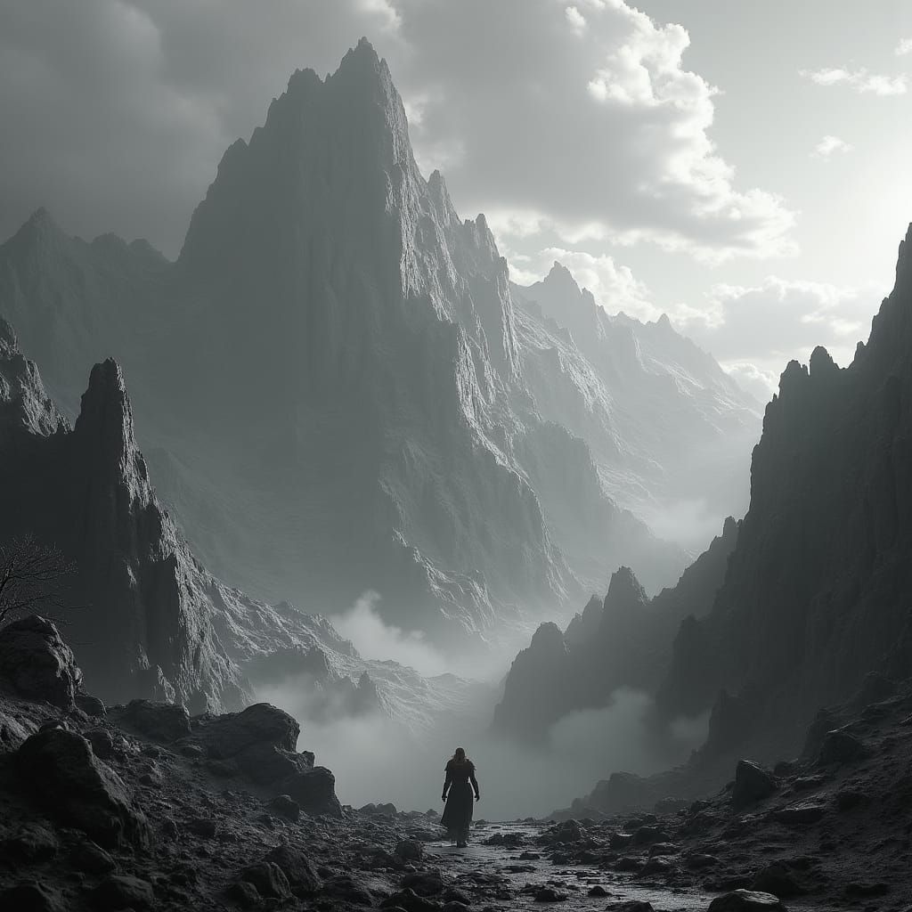 Grayscale Mountain Landscape in Fantasy Style