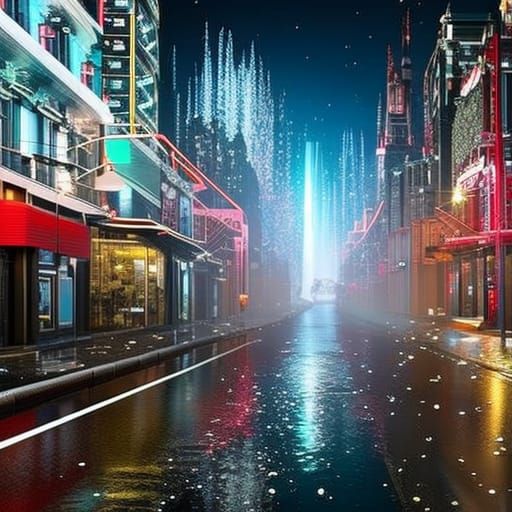 Biopunk synthetic city, fireworks and sparks filling nightscape sky, glittering magic in the air, wet alleyways and stor...