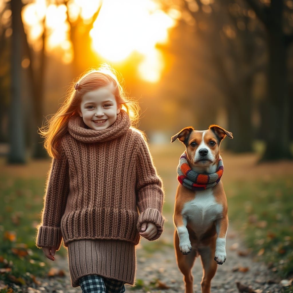 Girl and Dog on Autumn Walk