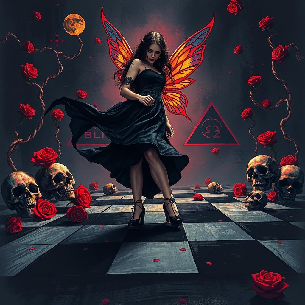 Goth Woman on Chessboard in Surrealist Crayon Art