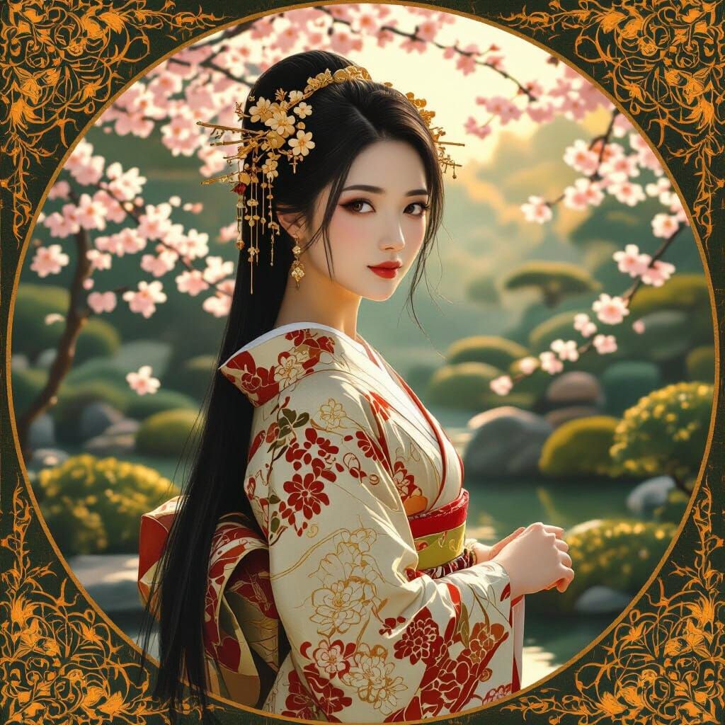 Japanese Woman in Tea Garden: Art Nouveau Style