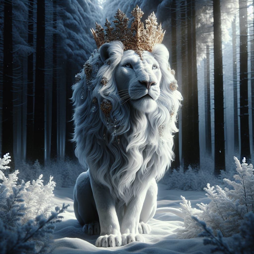 A majestic white lion, its coat meticulously detailed to showcase every strand of fur, stands amidst a snowy forest wear...
