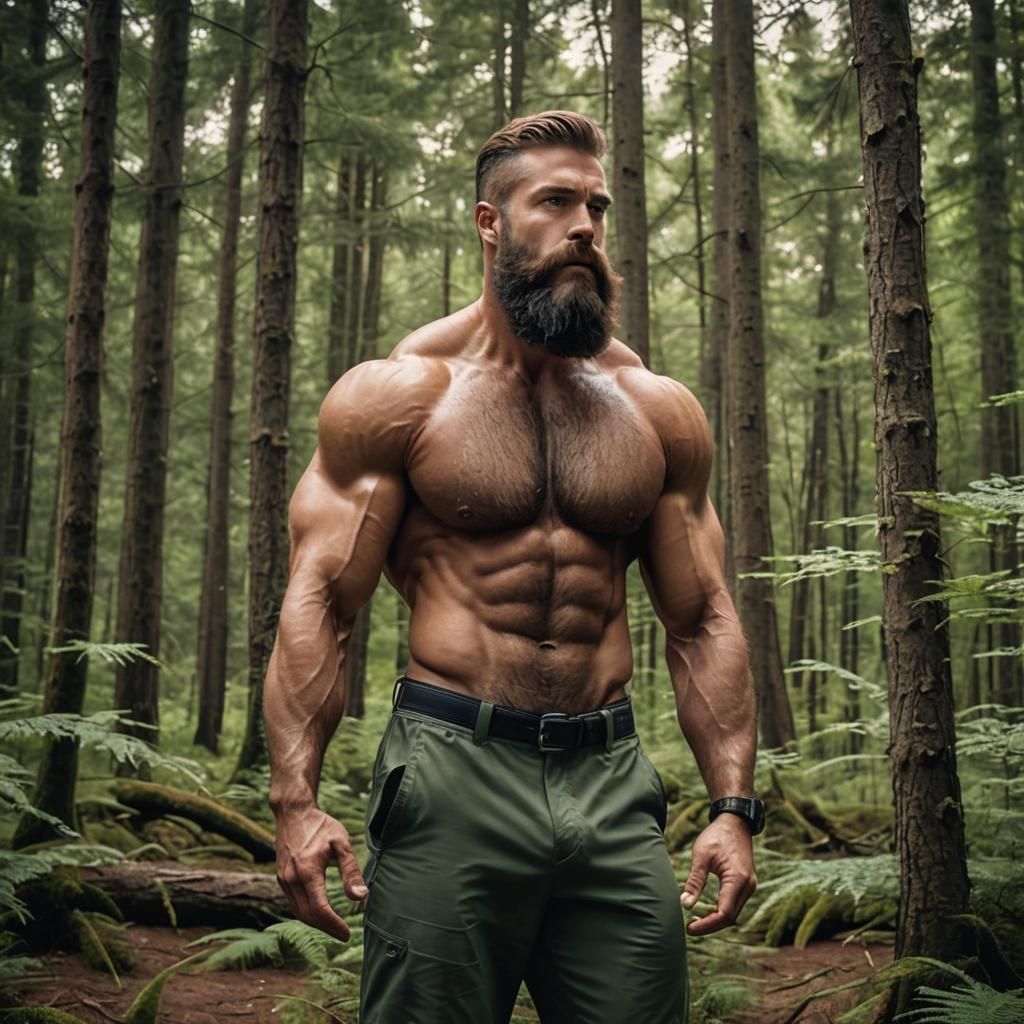 Muscular Bearded Man in Forest, Photorealistic