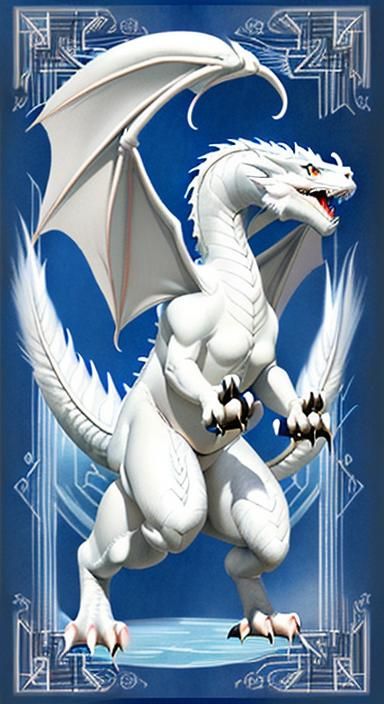 Storybook White Dragon Holds Art Deco Blue Velvet Shield