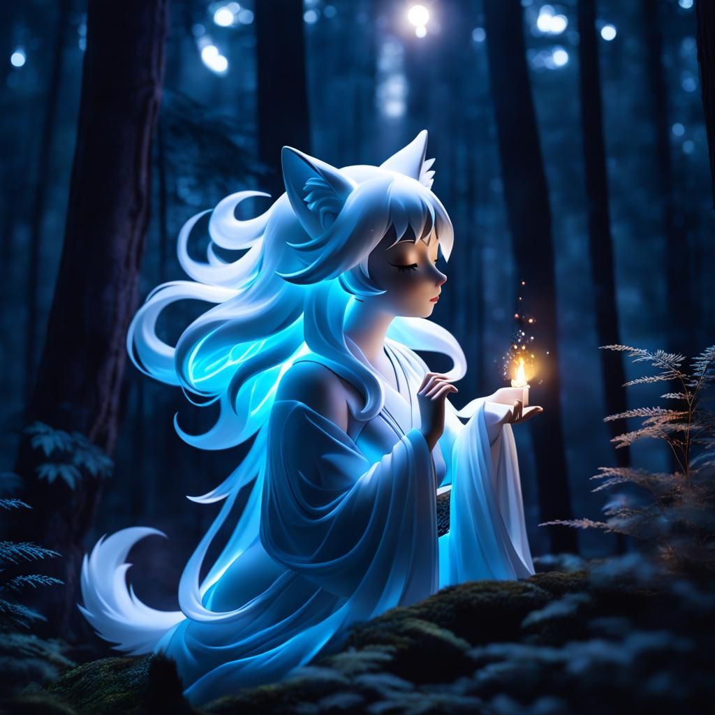 Ethereal Kitsune Spirit Sleeping by Forest Shrine