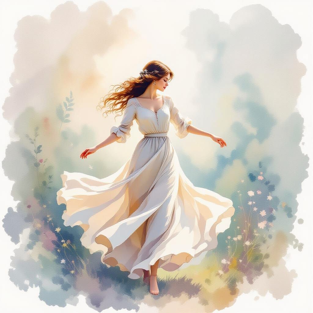 Woman Dancing in Dreamlike Impressionist Watercolor