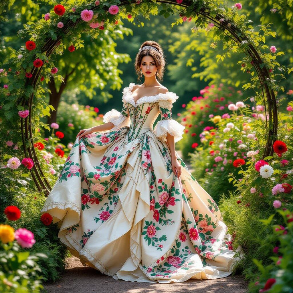 Elegant Woman in Baroque Gown Amidst Summer Splendor