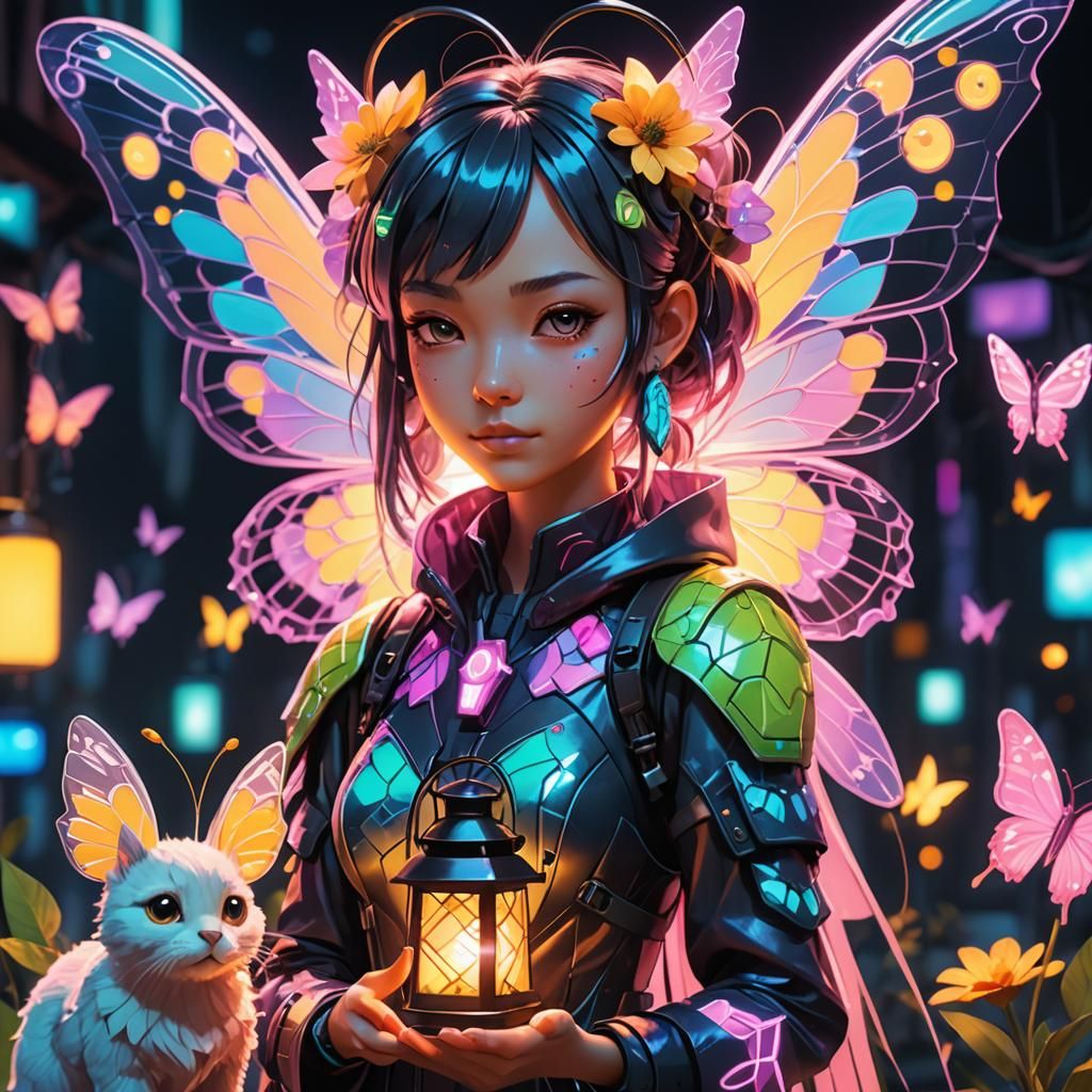 Cyberpunk Fairy with Lantern in Neon Cityscape