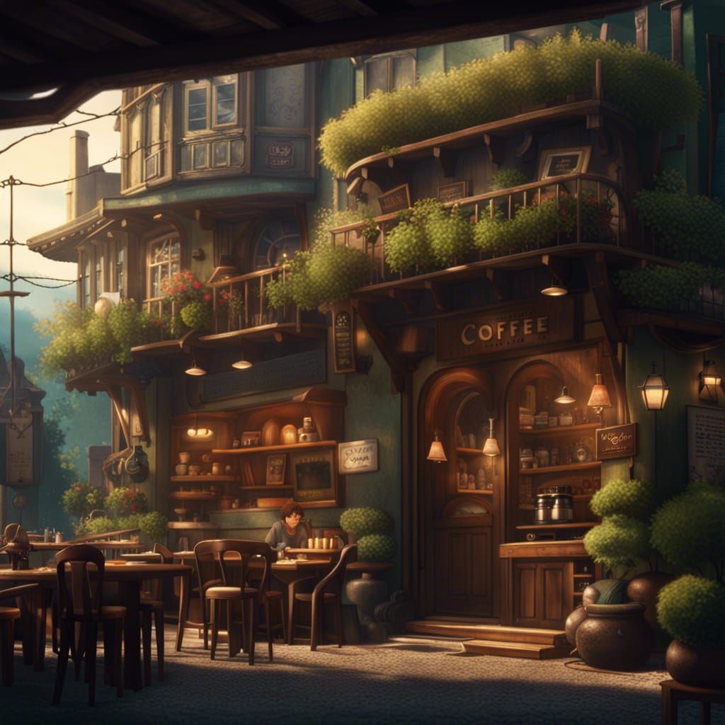 Ghibli-Style Coffee Shop: Peaceful Rustic Scene