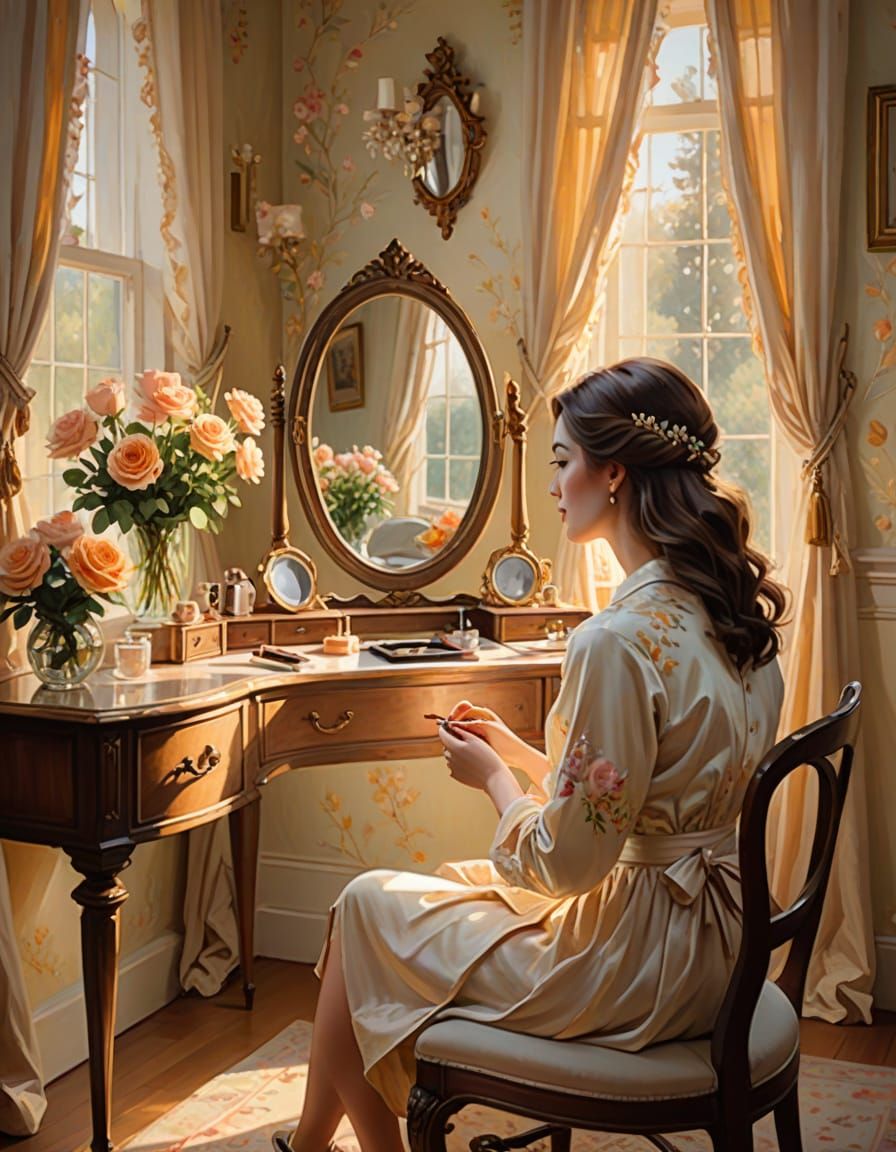 Whimsical Oil Painting of Young Woman in Cozy Bedroom