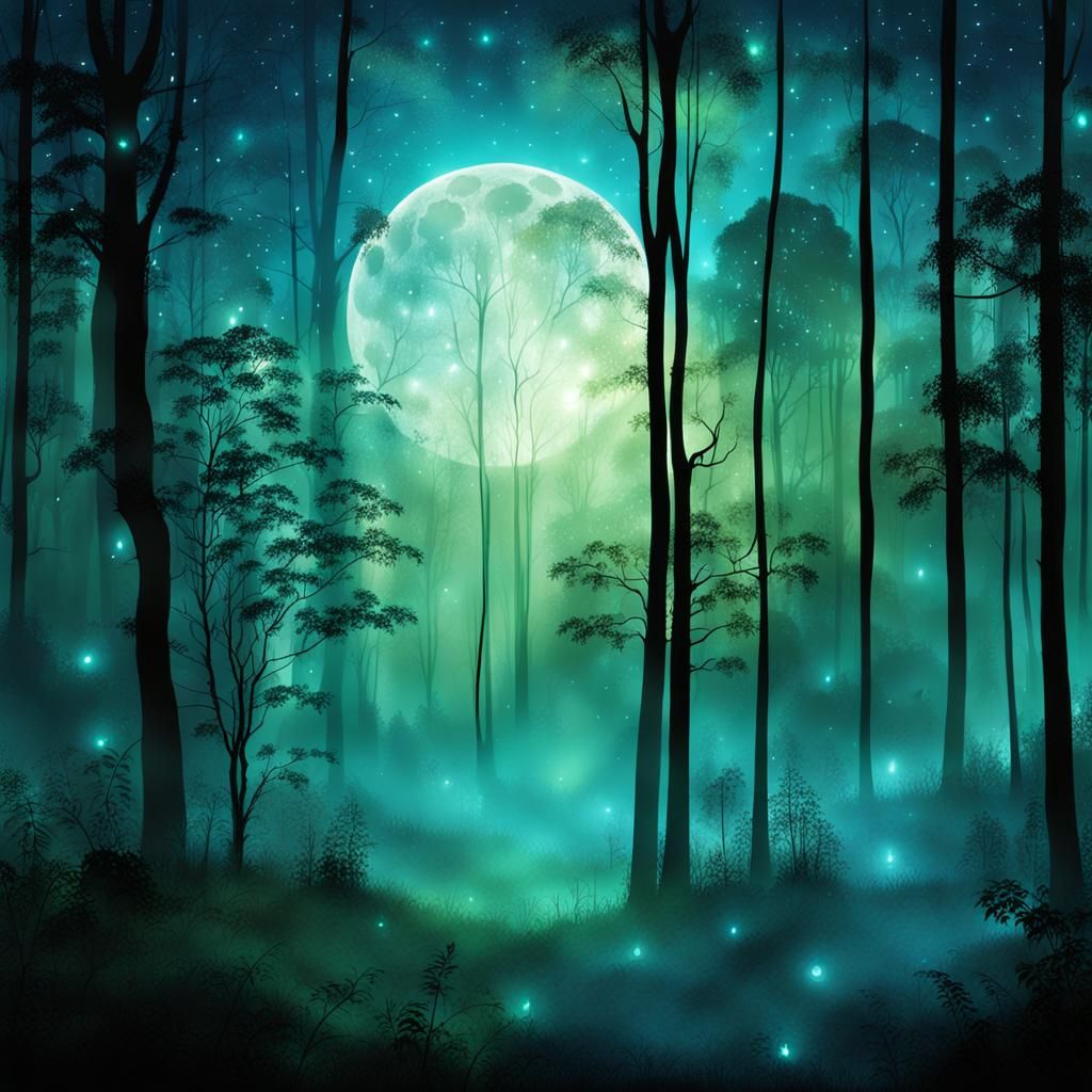 Ethereal Moonlight Forest Landscape in Blue and Green