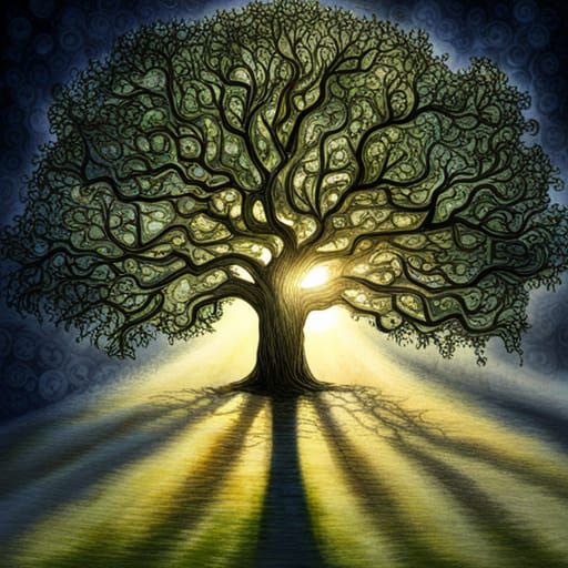 Money Tree in Park: Iridescent Ink Drawing