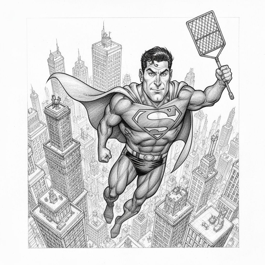 Superman Caricature With Fly Swatter in Detailed Cityscape