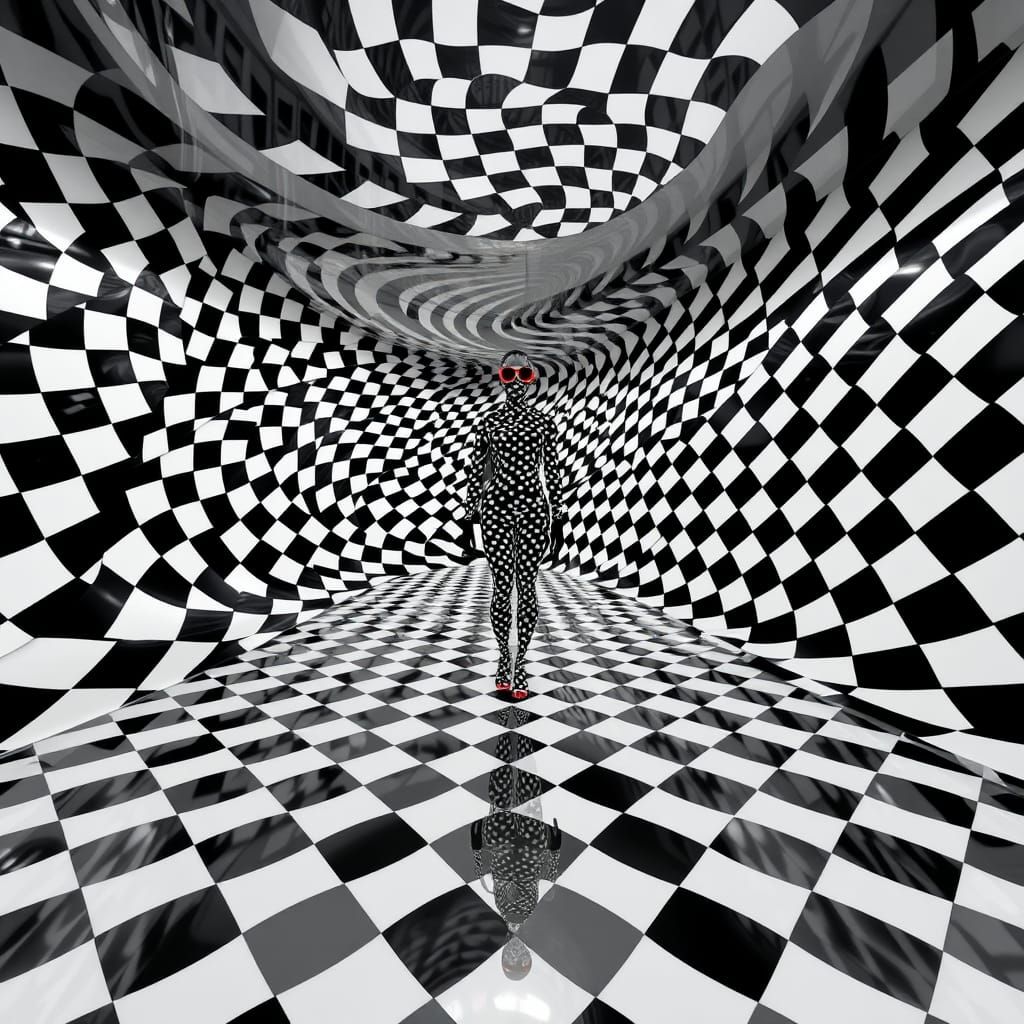 Futuristic Gallery Room with Checkerboard Patterns and Dress...