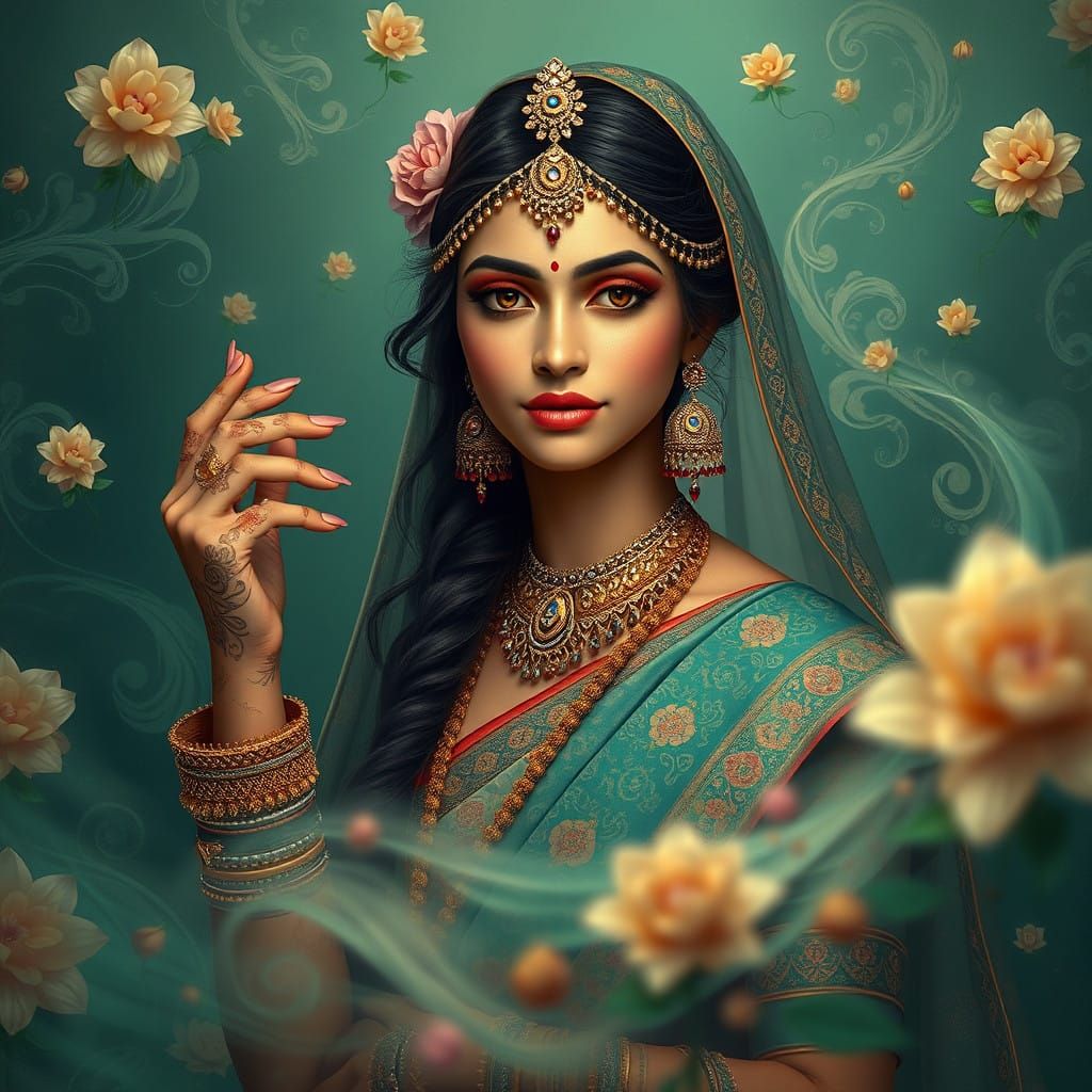 Serenely Adorned Traditional Indian Goddess with Mehendi