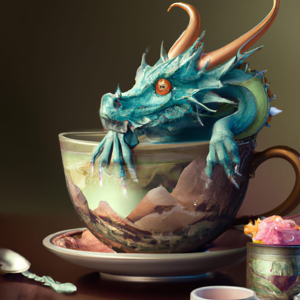 Adorable Dragon in Teacup, Hyperrealistic Digital Art