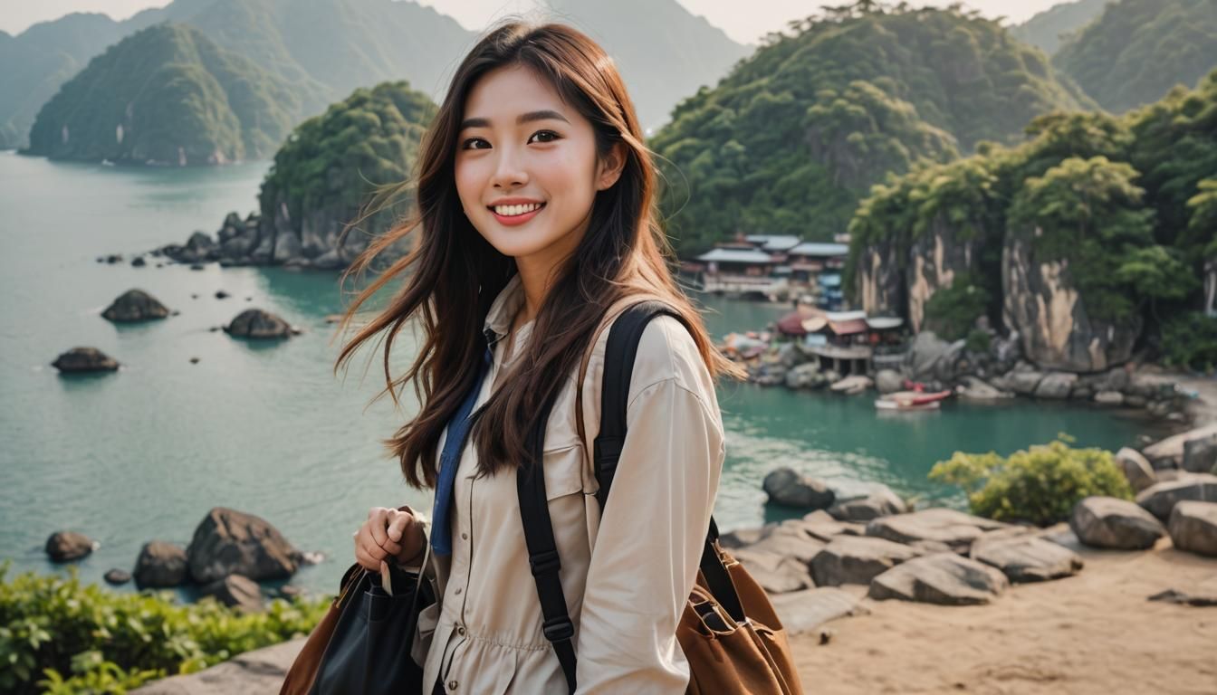 Asian Girl Adventure Close-Up on Island