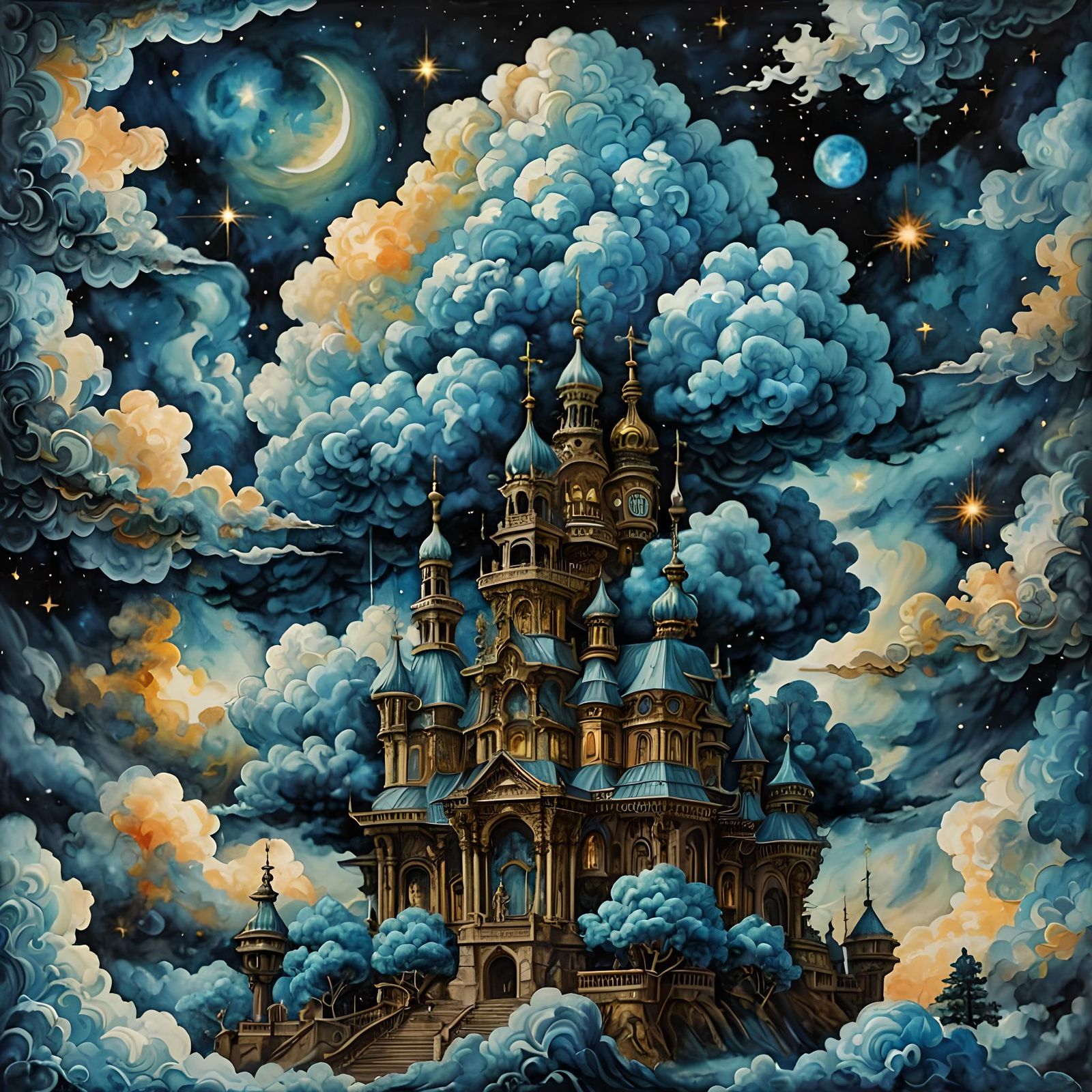 Macabre Watercolor Cloud Kingdom in Dark Fantasy Style