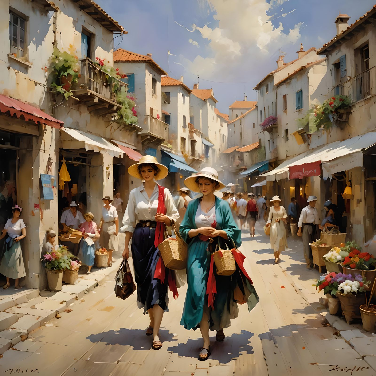 Seaside Village with Shoppers in Tachisme Style